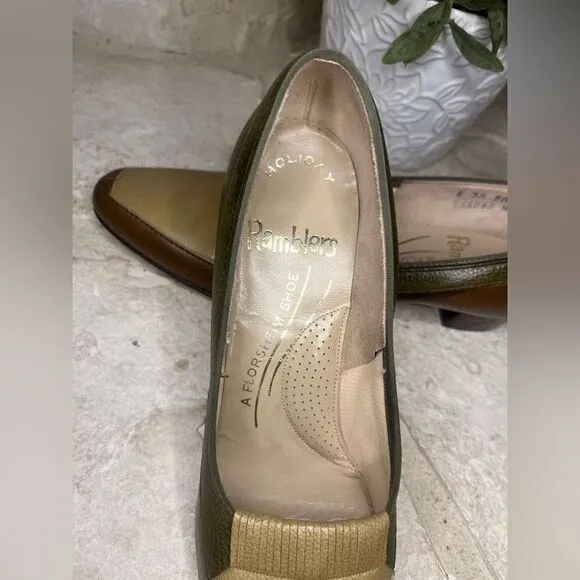 Florsheim Ramblers olive green/tan/brown Block Heels Leather Pumps Size 6
