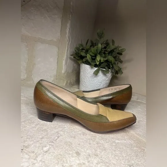 Florsheim Ramblers olive green/tan/brown Block Heels Leather Pumps Size 6