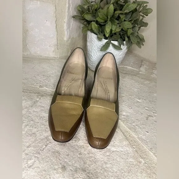 Florsheim Ramblers olive green/tan/brown Block Heels Leather Pumps Size 6