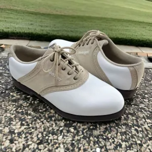 Footjoy Greenjoys Women’s Saddle Soft Spike Golf Shoes Tan White Size 8.5