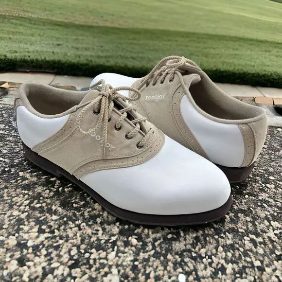 Footjoy Greenjoys Women’s Saddle Soft Spike Golf Shoes Tan White Size 8.5