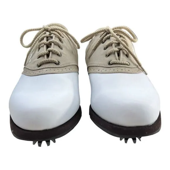 Footjoy Greenjoys Women’s Saddle Soft Spike Golf Shoes Tan White Size 8.5