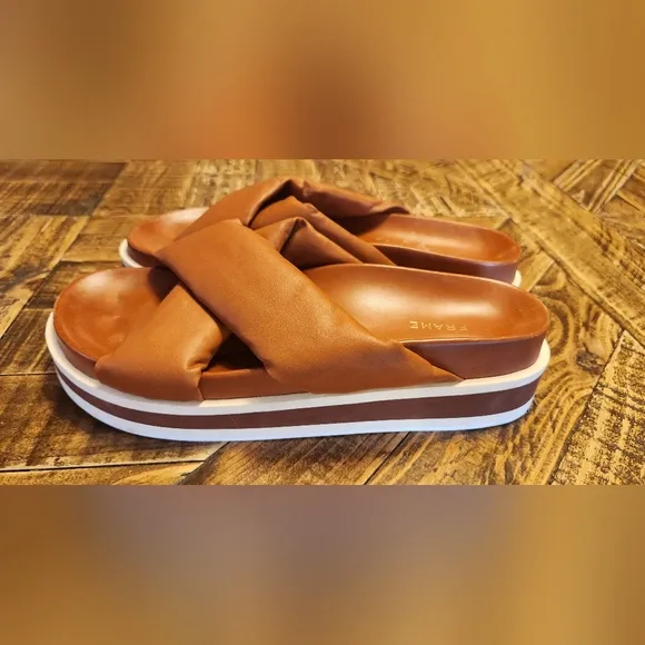 Frame Le Playa Leather Platform Slides In Tobacco Multi Size 39.5