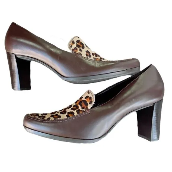 Franco Sarto Brown Leather Cheetah Calf Hair Print Block Heel High Heels Size 7