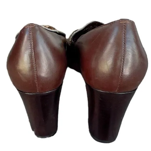 Franco Sarto Brown Leather Cheetah Calf Hair Print Block Heel High Heels Size 7