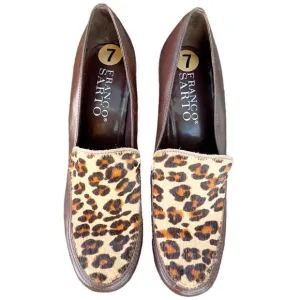 Franco Sarto Brown Leather Cheetah Calf Hair Print Block Heel High Heels Size 7