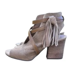 Franco Sarto Fina Tan Open Toe Bootie Block Heels, Zip Sides, Size 8.5