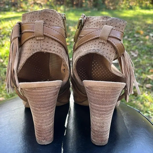 Franco Sarto Fina Tan Open Toe Bootie Block Heels, Zip Sides, Size 8.5