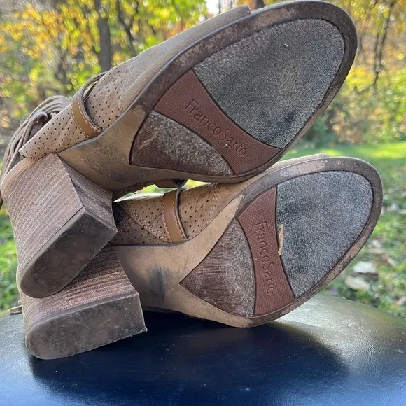 Franco Sarto Fina Tan Open Toe Bootie Block Heels, Zip Sides, Size 8.5