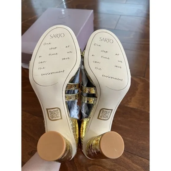 Franco Sarto Womens Gold Shiny Ollie Strappy Open Toe Heels Size 9 M NWOB