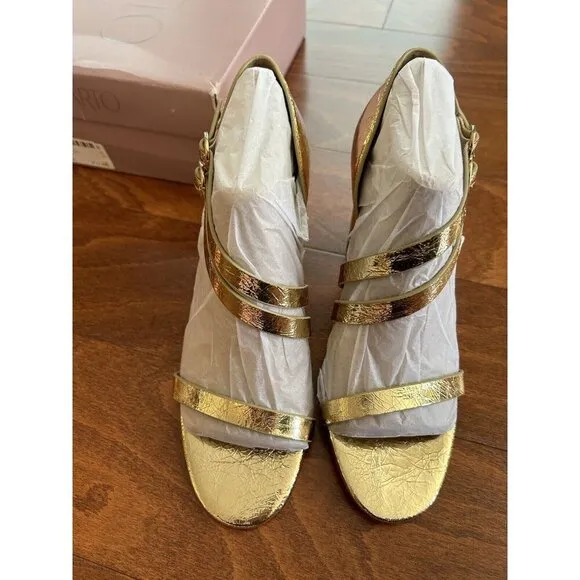 Franco Sarto Womens Gold Shiny Ollie Strappy Open Toe Heels Size 9 M NWOB