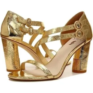 Franco Sarto Womens Gold Shiny Ollie Strappy Open Toe Heels Size 9 M NWOB