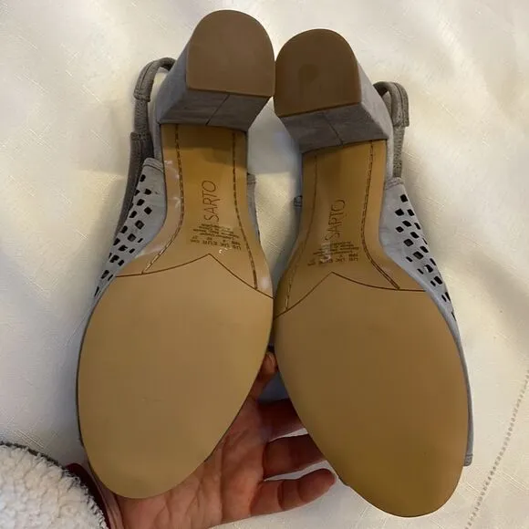 FRANCO SARTO GREY SUEDE CUTOUT SLINGBACK BLOCK HEELS.  NEW IN BOX