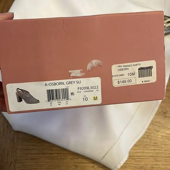 FRANCO SARTO GREY SUEDE CUTOUT SLINGBACK BLOCK HEELS.  NEW IN BOX