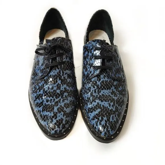 Freda Salvador Wit D'orsay Blue Leather Croc Embossed Lace Up Oxford Sz 5.5