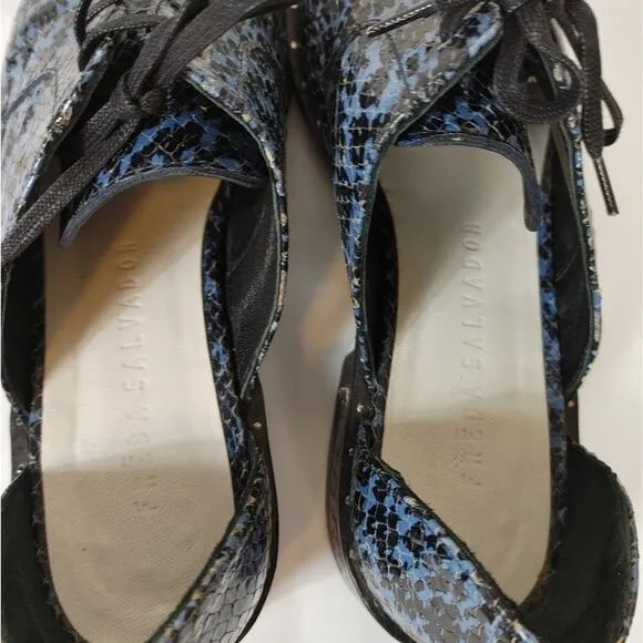 Freda Salvador Wit D'orsay Blue Leather Croc Embossed Lace Up Oxford Sz 5.5