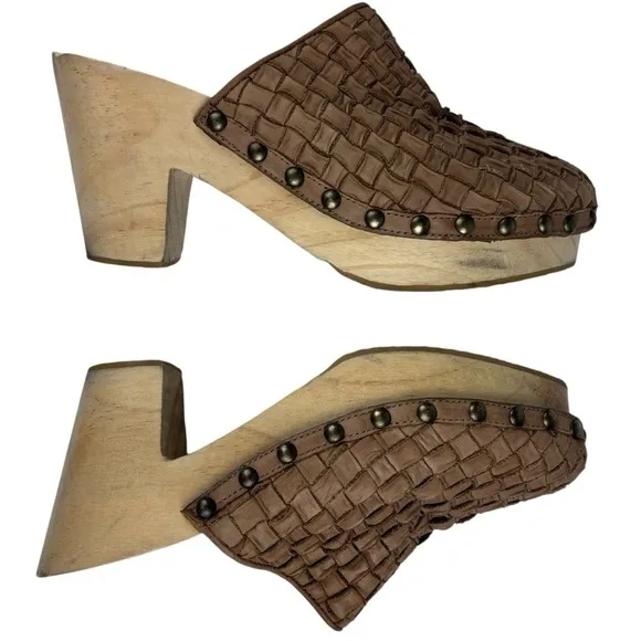 FREE PEOPLE ADELAIDE WOVEN LATTICE LEATHER WOODEN SLIP ON MULE CLOGS