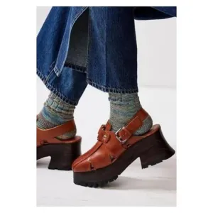 Free People Astoria Leather Platform Clogs Shoe In Saddle Tan Size 8.5