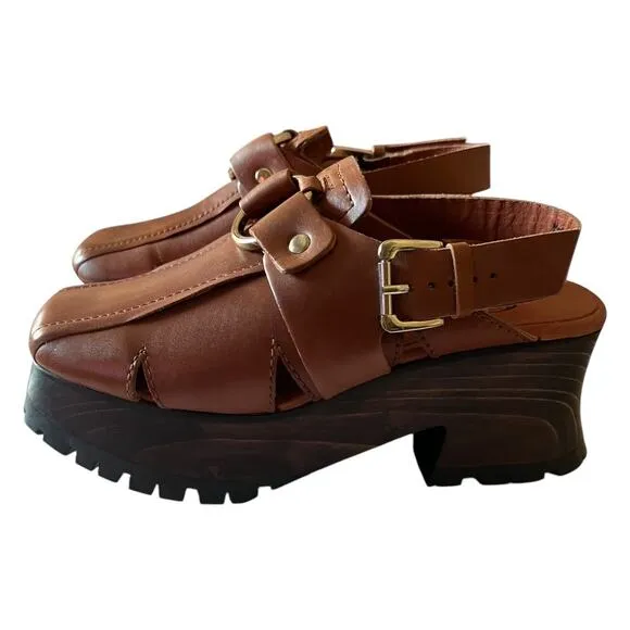Free People Astoria Leather Platform Clogs Shoe In Saddle Tan Size 8.5