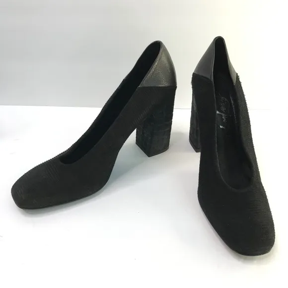FREE PEOPLE Black Mixed Media Square Block Chunky Heels Size 37