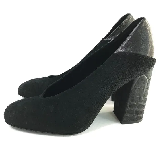 FREE PEOPLE Black Mixed Media Square Block Chunky Heels Size 37