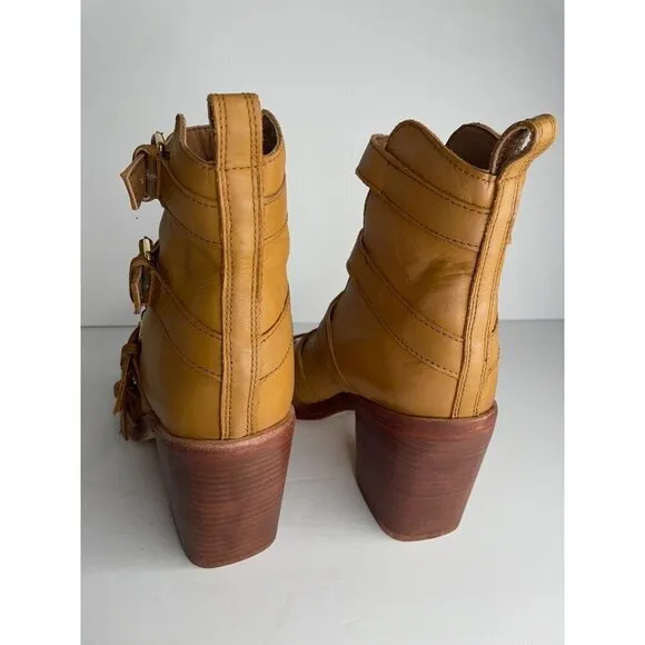 Free People Buckle Up Baby Block Heels Strappy Tan Open Boot EU 37.5 US 7.5 NEW