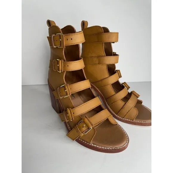 Free People Buckle Up Baby Block Heels Strappy Tan Open Boot EU 37.5 US 7.5 NEW