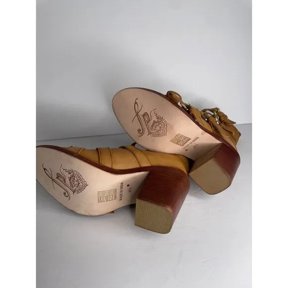 Free People Buckle Up Baby Block Heels Strappy Tan Open Boot EU 37.5 US 7.5 NEW