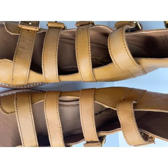 Free People Buckle Up Baby Block Heels Strappy Tan Open Boot EU 37.5 US 7.5 NEW