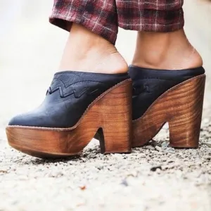 FREE PEOPLE Chance Black Leather Platform Clogs Clog Wooden Heels Slip-On 41