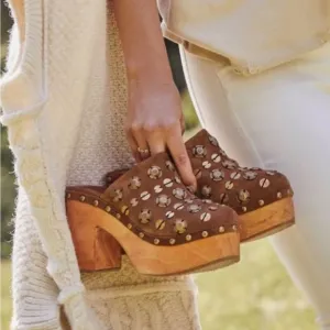Free People Claudia Platform Brass Studded Clogs Brown Suede Wood Size 41
