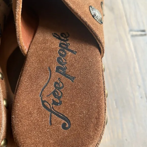 Free People Claudia Platform Brass Studded Clogs Brown Suede Wood Size 41
