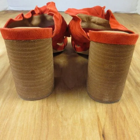 FREE PEOPLE Rosie Ruffle Heels Sz 38 Red Orange Slip On Slide Sandals Block Heel