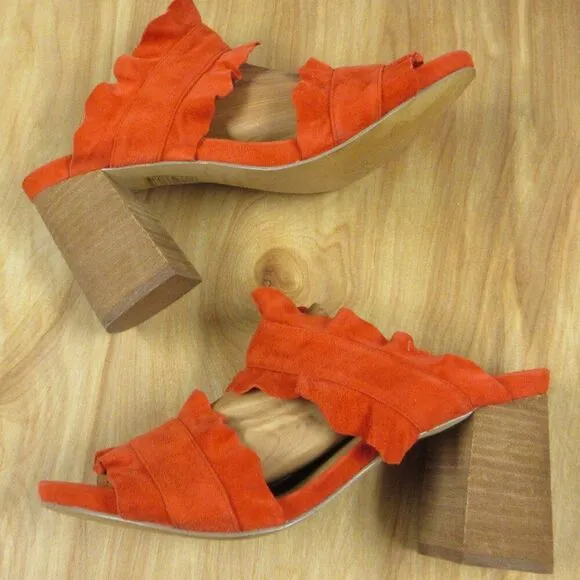 FREE PEOPLE Rosie Ruffle Heels Sz 38 Red Orange Slip On Slide Sandals Block Heel