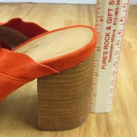 FREE PEOPLE Rosie Ruffle Heels Sz 38 Red Orange Slip On Slide Sandals Block Heel