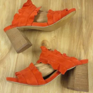 FREE PEOPLE Rosie Ruffle Heels Sz 38 Red Orange Slip On Slide Sandals Block Heel