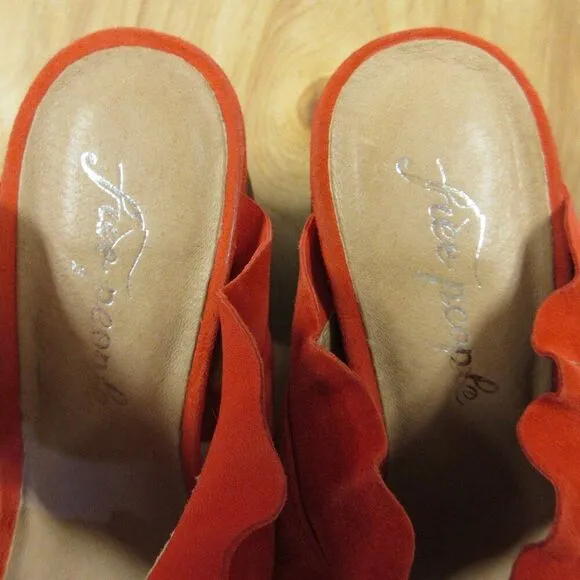 FREE PEOPLE Rosie Ruffle Heels Sz 38 Red Orange Slip On Slide Sandals Block Heel