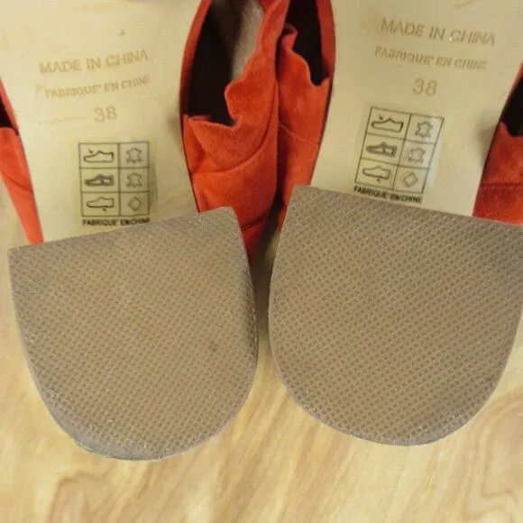 FREE PEOPLE Rosie Ruffle Heels Sz 38 Red Orange Slip On Slide Sandals Block Heel