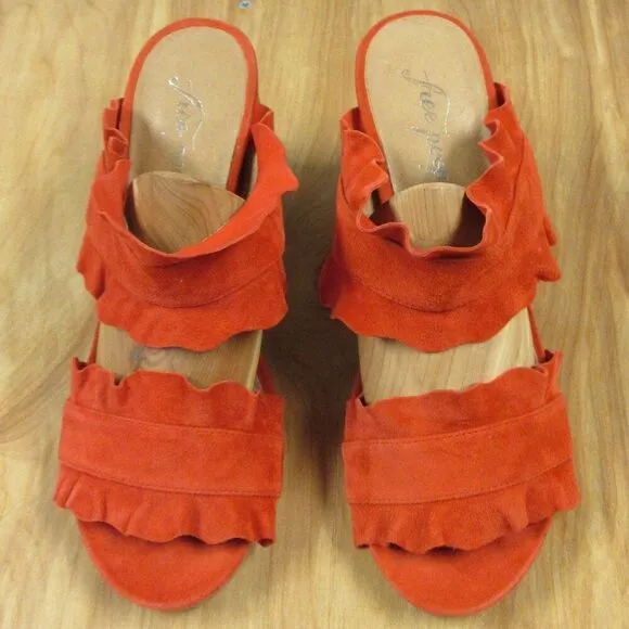 FREE PEOPLE Rosie Ruffle Heels Sz 38 Red Orange Slip On Slide Sandals Block Heel