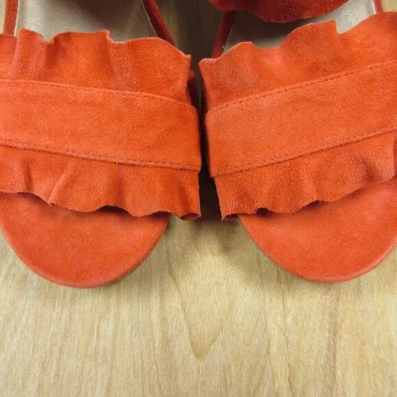 FREE PEOPLE Rosie Ruffle Heels Sz 38 Red Orange Slip On Slide Sandals Block Heel