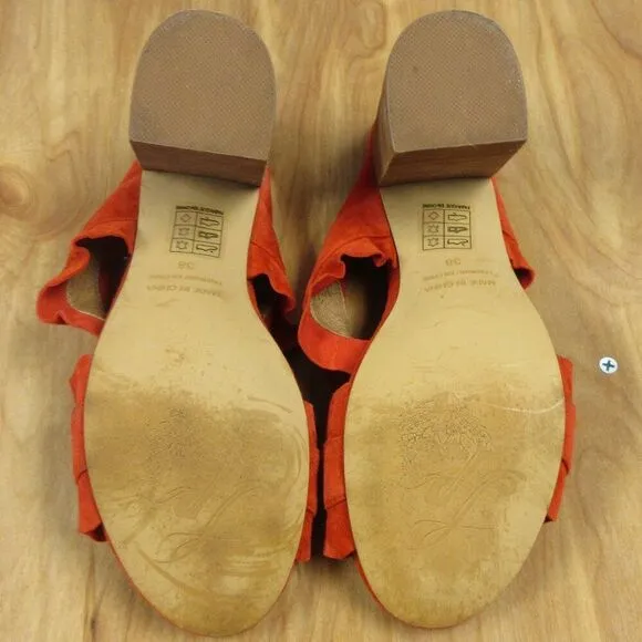 FREE PEOPLE Rosie Ruffle Heels Sz 38 Red Orange Slip On Slide Sandals Block Heel