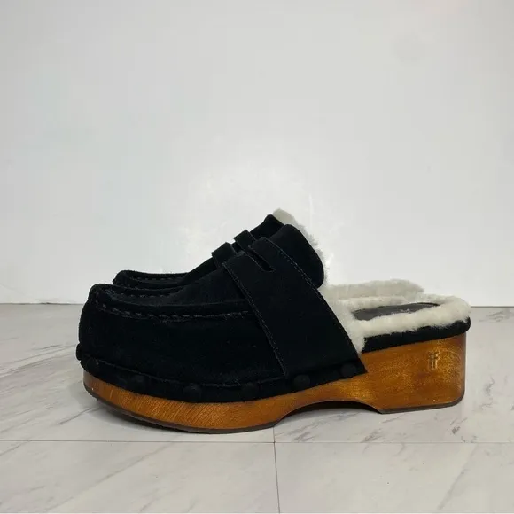 Frye Melody Genuine Shearing Black Suede Platform Clog 7