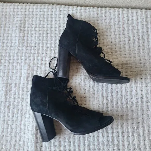 Frye Suede Pumps Black Peep-Toe Block Heels Women's Size 7