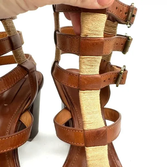 Frye Suzie Gladiator Leather Sandal Heels Cognac Brown Womens Size 8 Strappy