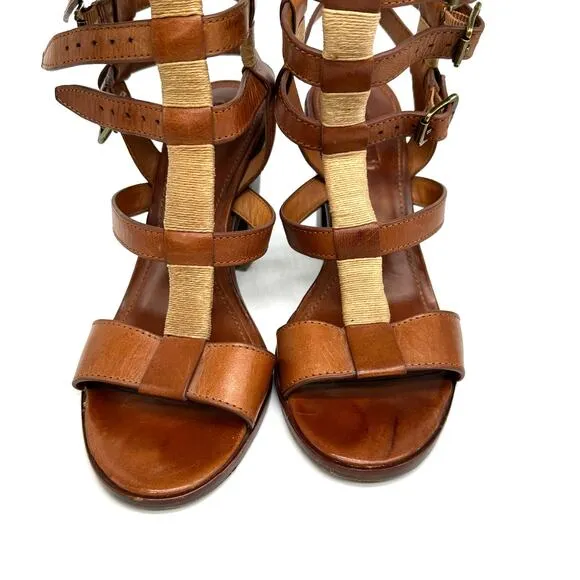 Frye Suzie Gladiator Leather Sandal Heels Cognac Brown Womens Size 8 Strappy