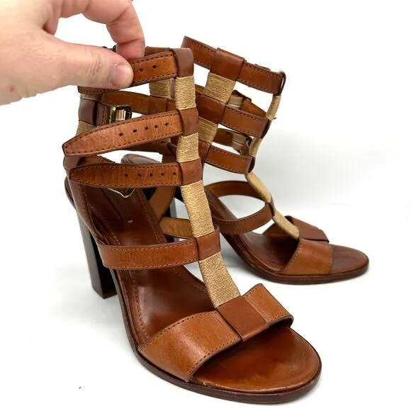 Frye Suzie Gladiator Leather Sandal Heels Cognac Brown Womens Size 8 Strappy