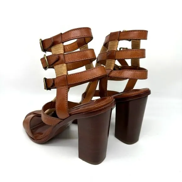 Frye Suzie Gladiator Leather Sandal Heels Cognac Brown Womens Size 8 Strappy