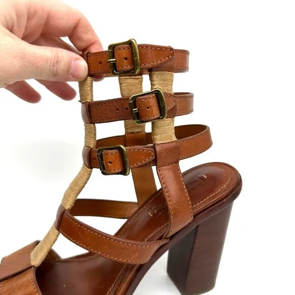 Frye Suzie Gladiator Leather Sandal Heels Cognac Brown Womens Size 8 Strappy