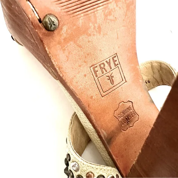 Frye Women’s Joy Studded Bone Leather Open Toe T Strap Platform Heels Size 9.5
