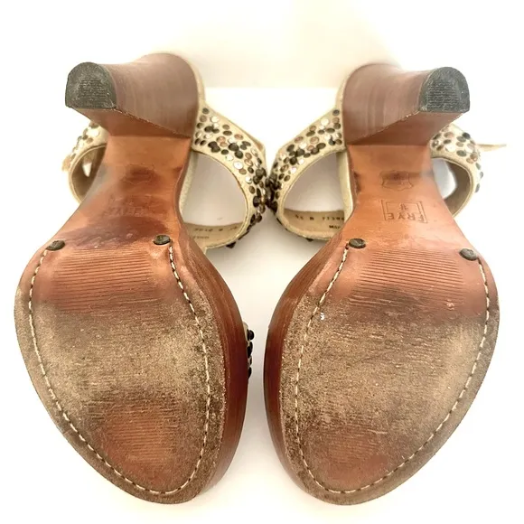 Frye Women’s Joy Studded Bone Leather Open Toe T Strap Platform Heels Size 9.5